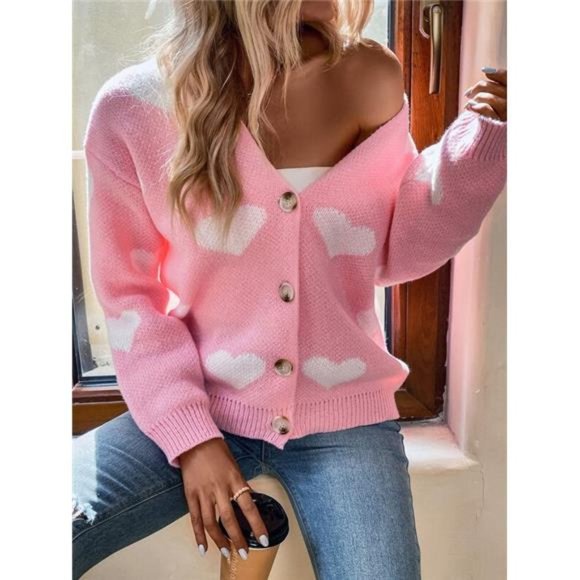 Heart Button Up Cardigan-Pink/White - Picture 5 of 6